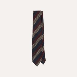 Navy. Red and Gold Block Stripe Hand Rolled Silk Grenadine Tie