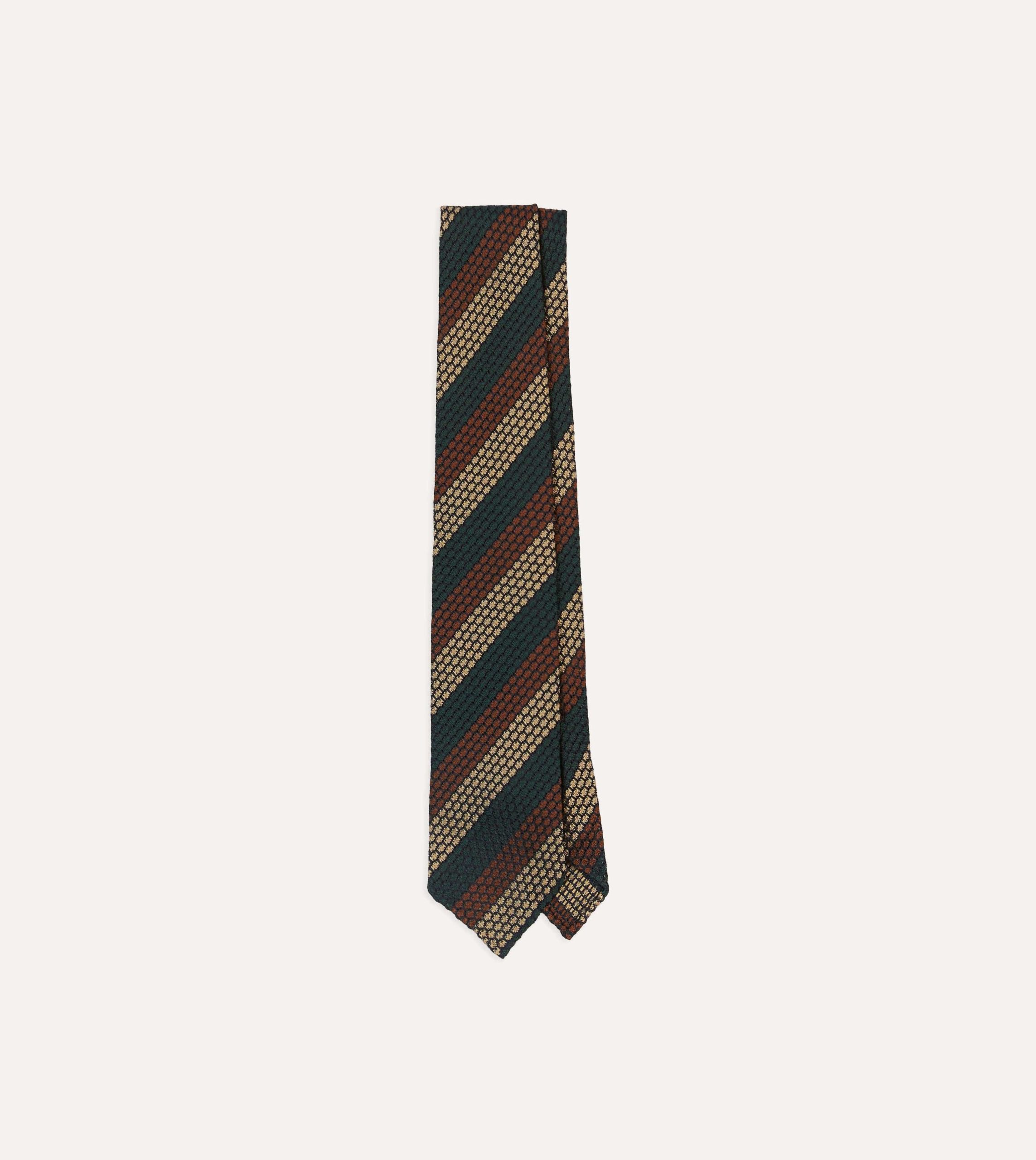 Green. Red and Gold Block Stripe Hand Rolled Silk Grenadine Tie