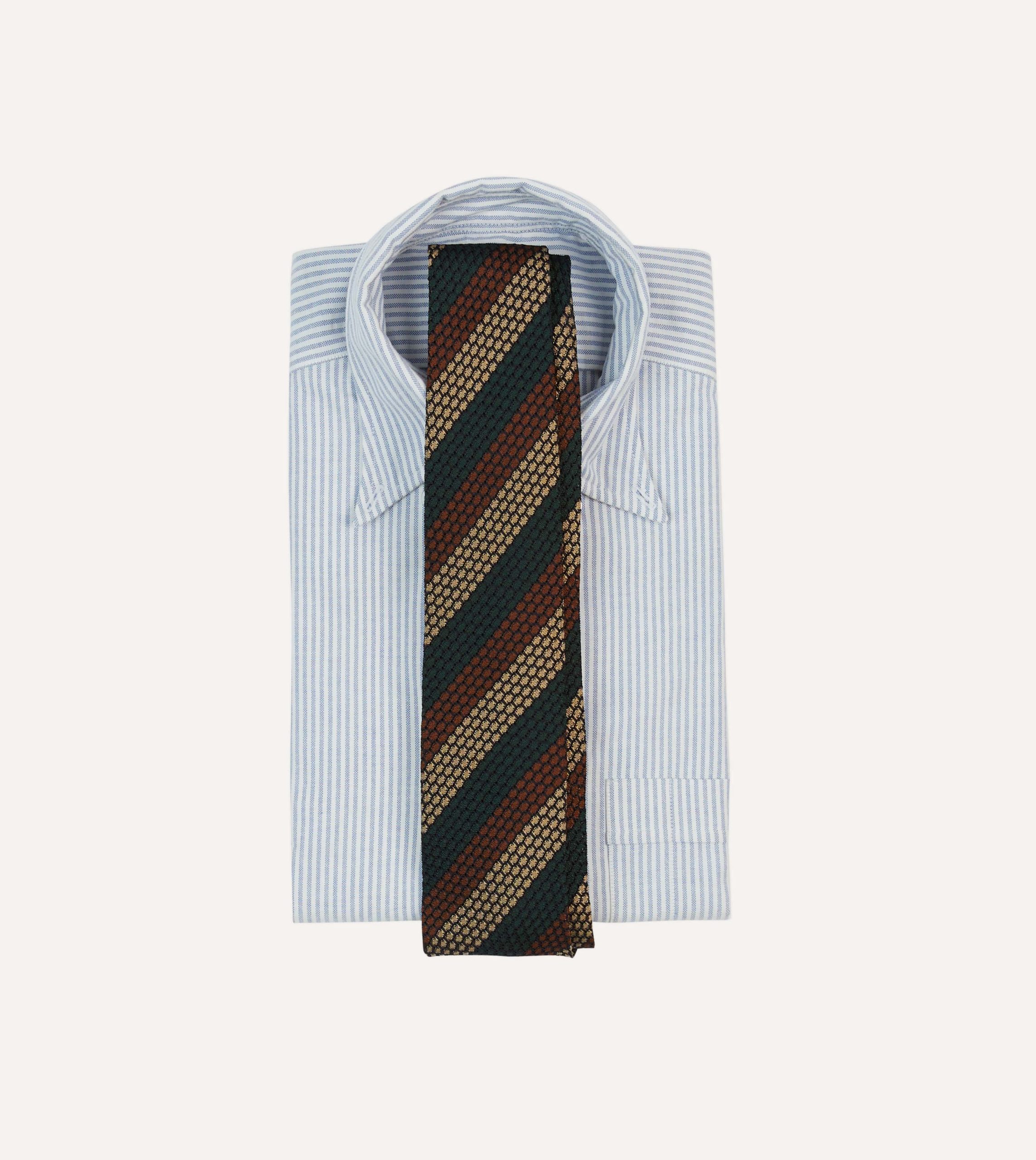 Green. Red and Gold Block Stripe Hand Rolled Silk Grenadine Tie - Image 2
