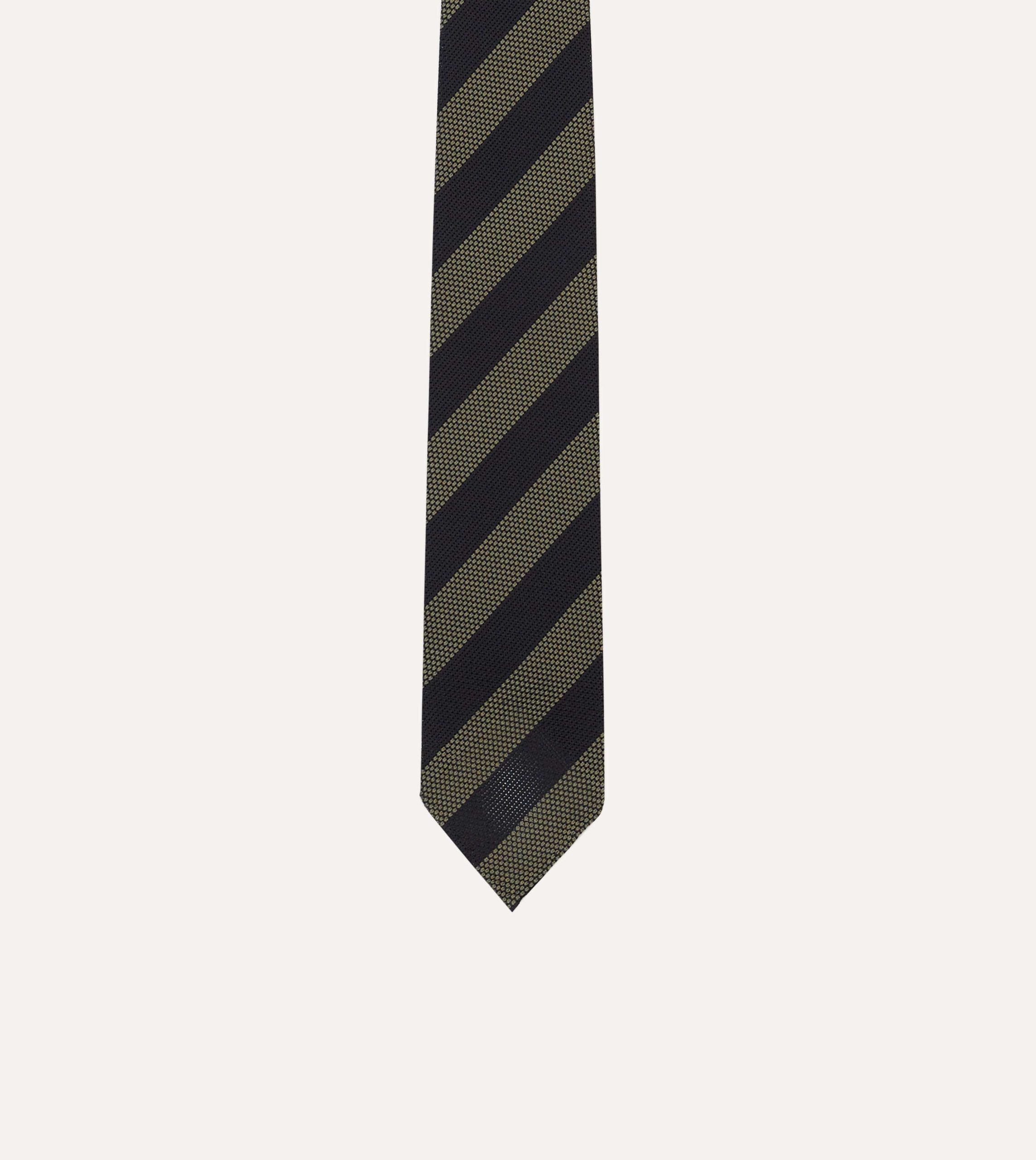 Khaki and Navy Block Stripe Hand Rolled Silk Grenadine Tie - Image 3