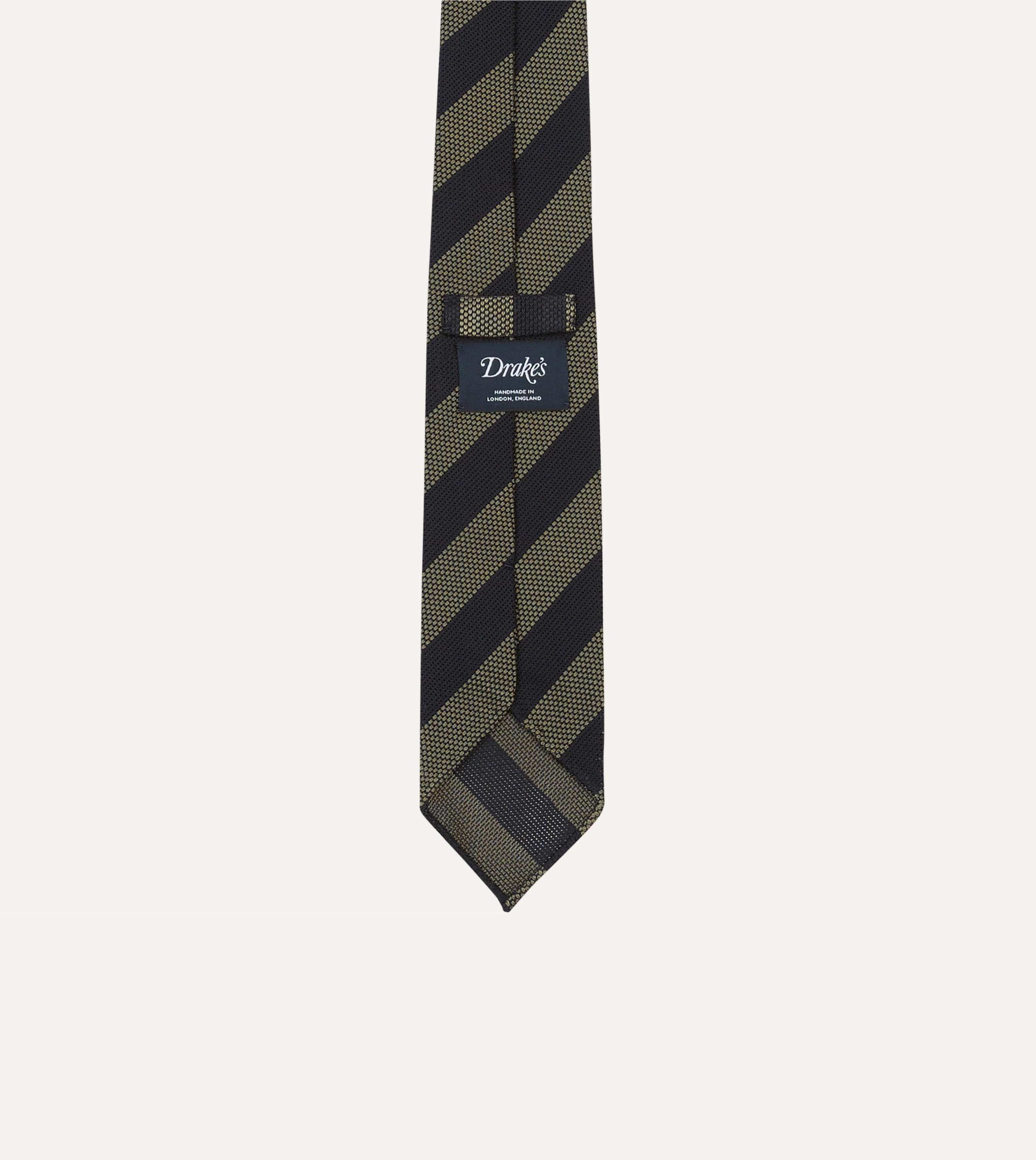Khaki and Navy Block Stripe Hand Rolled Silk Grenadine Tie - Image 4