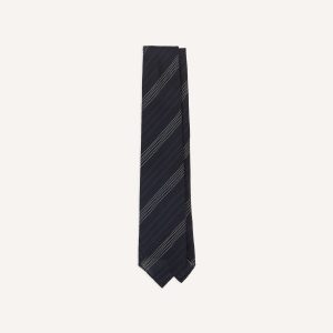 Navy and White Dashed Stripe Hand Rolled Silk Grenadine Tie