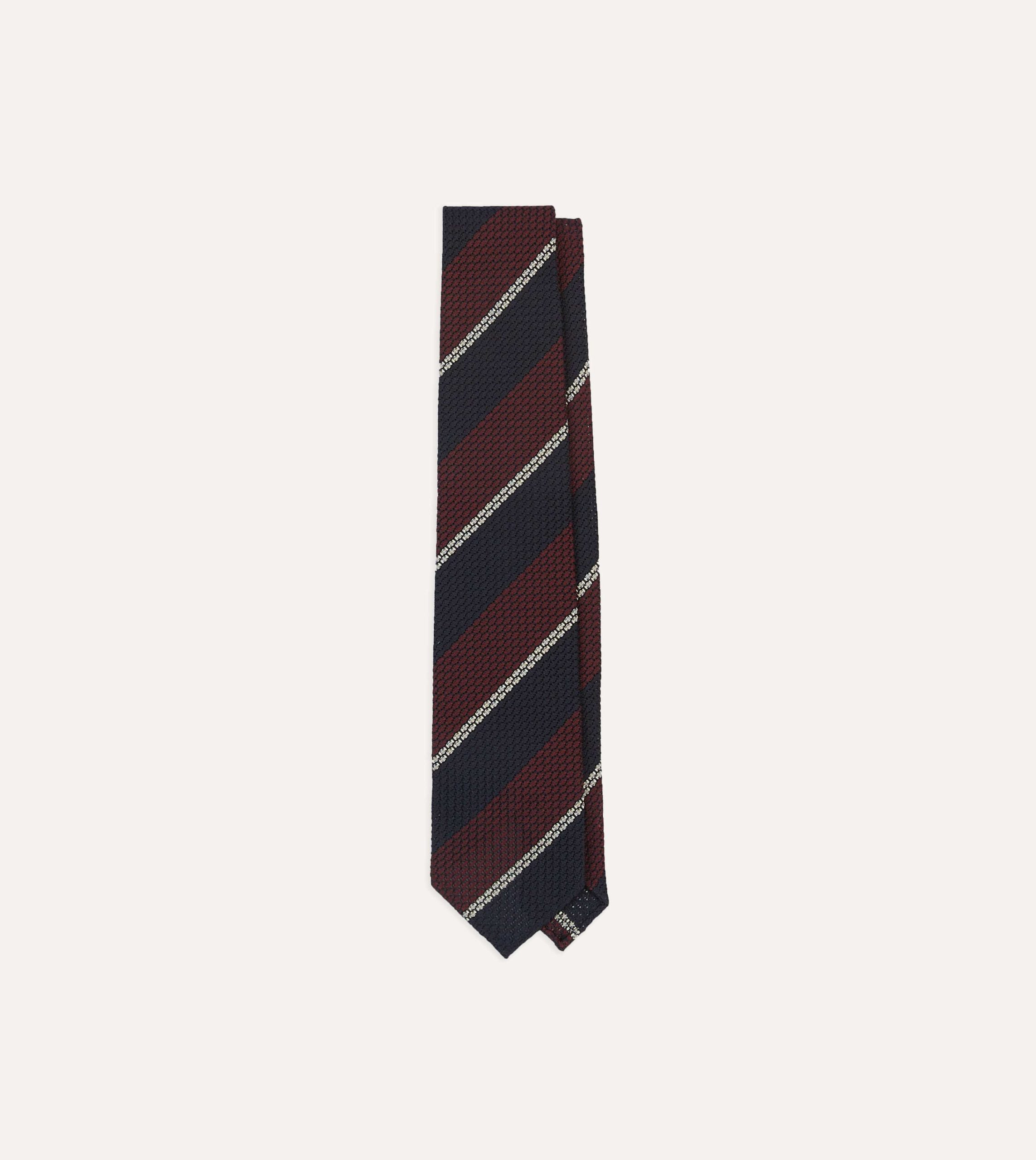Navy. Red and White Multi Stripe Hand Rolled Silk Grenadine Tie