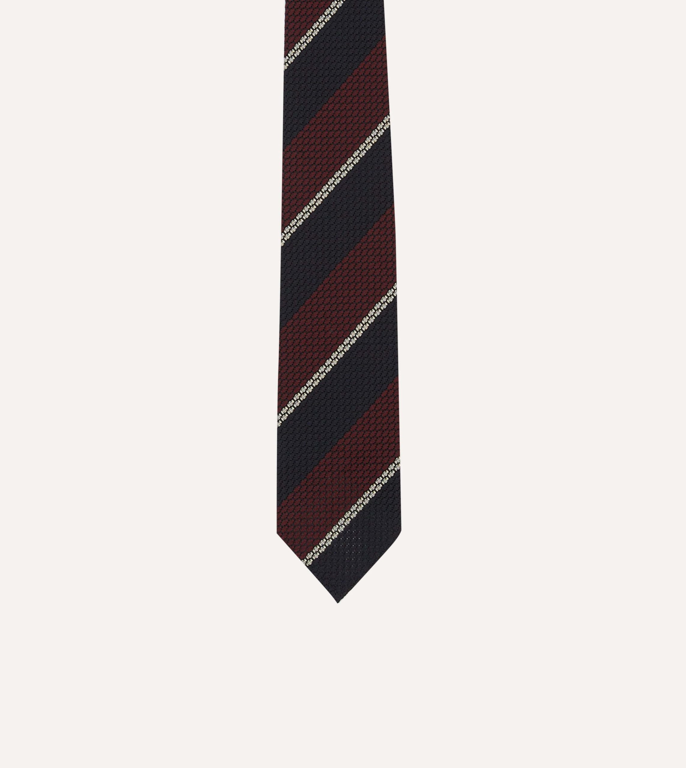 Navy. Red and White Multi Stripe Hand Rolled Silk Grenadine Tie - Image 3