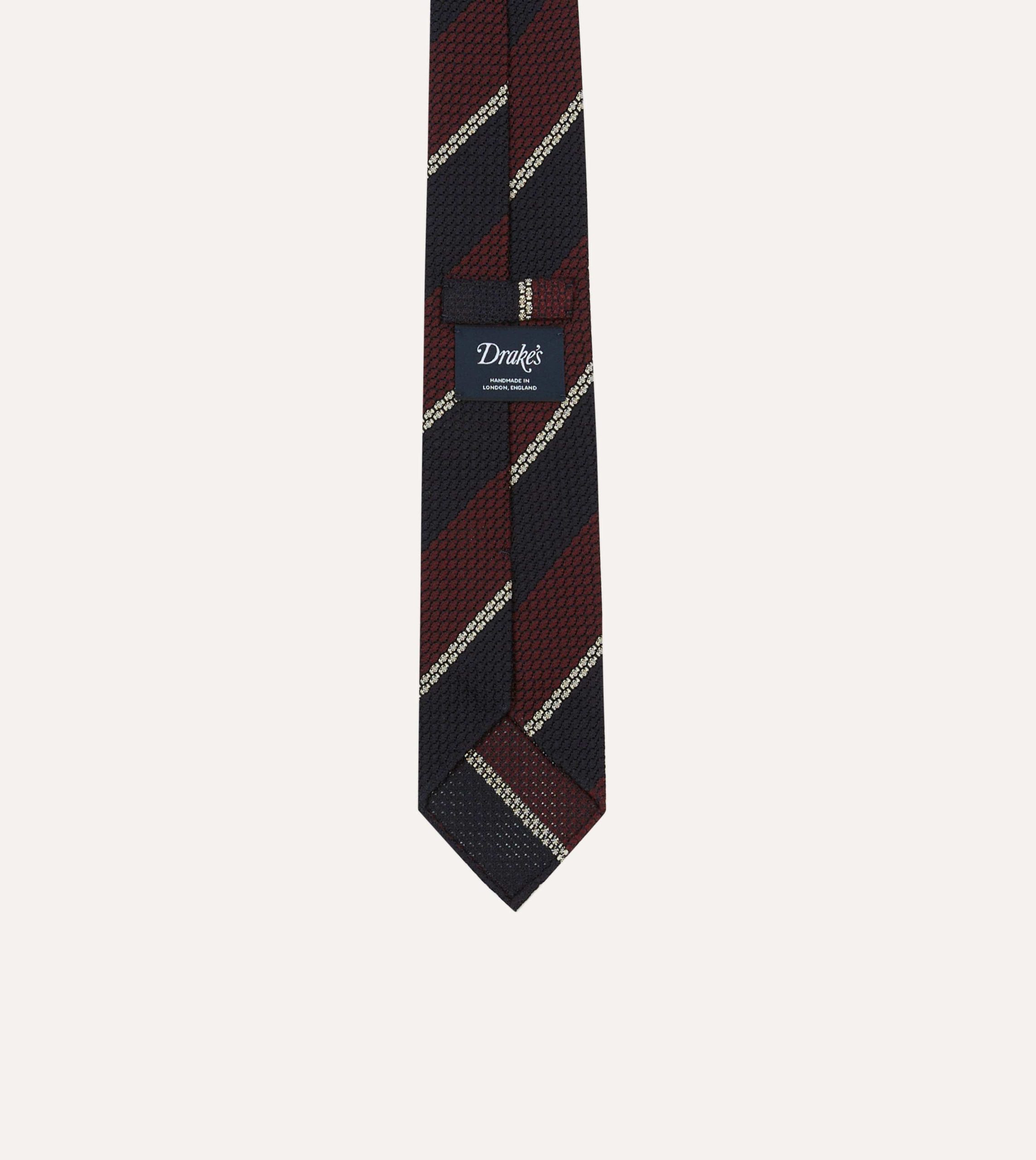 Navy. Red and White Multi Stripe Hand Rolled Silk Grenadine Tie - Image 4