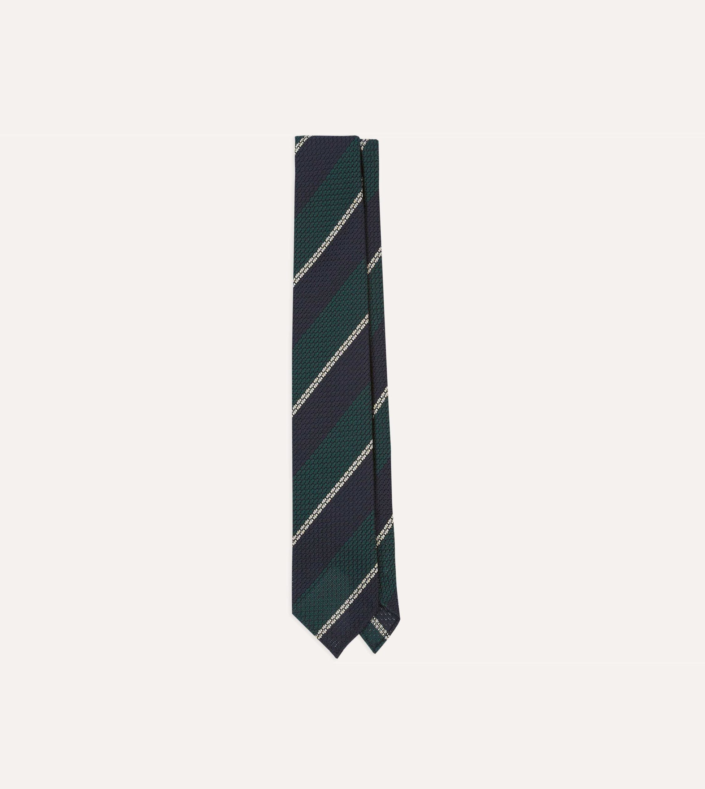 Navy. Green and White Multi Stripe Hand Rolled Silk Grenadine Tie
