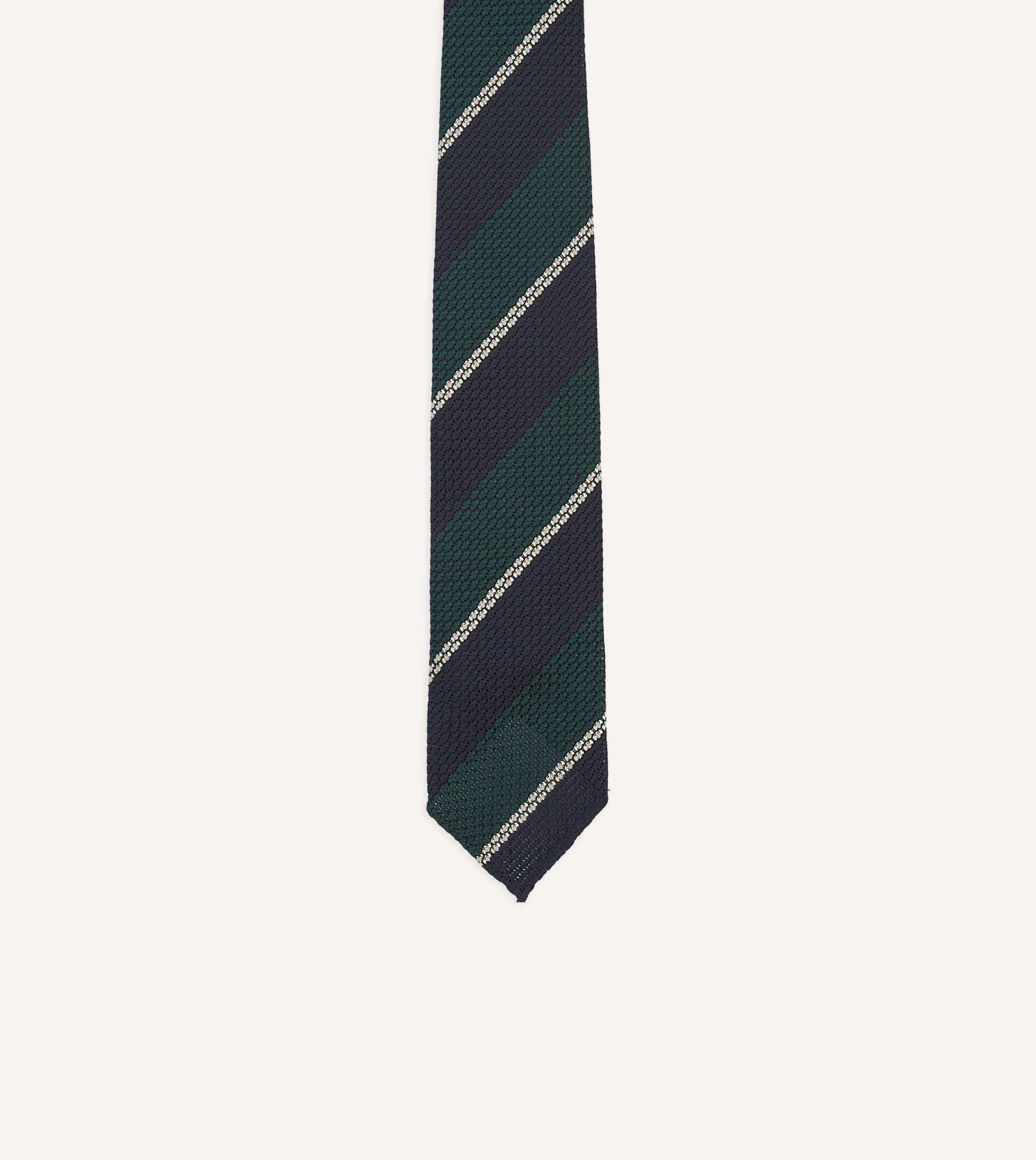 Navy. Green and White Multi Stripe Hand Rolled Silk Grenadine Tie - Image 3