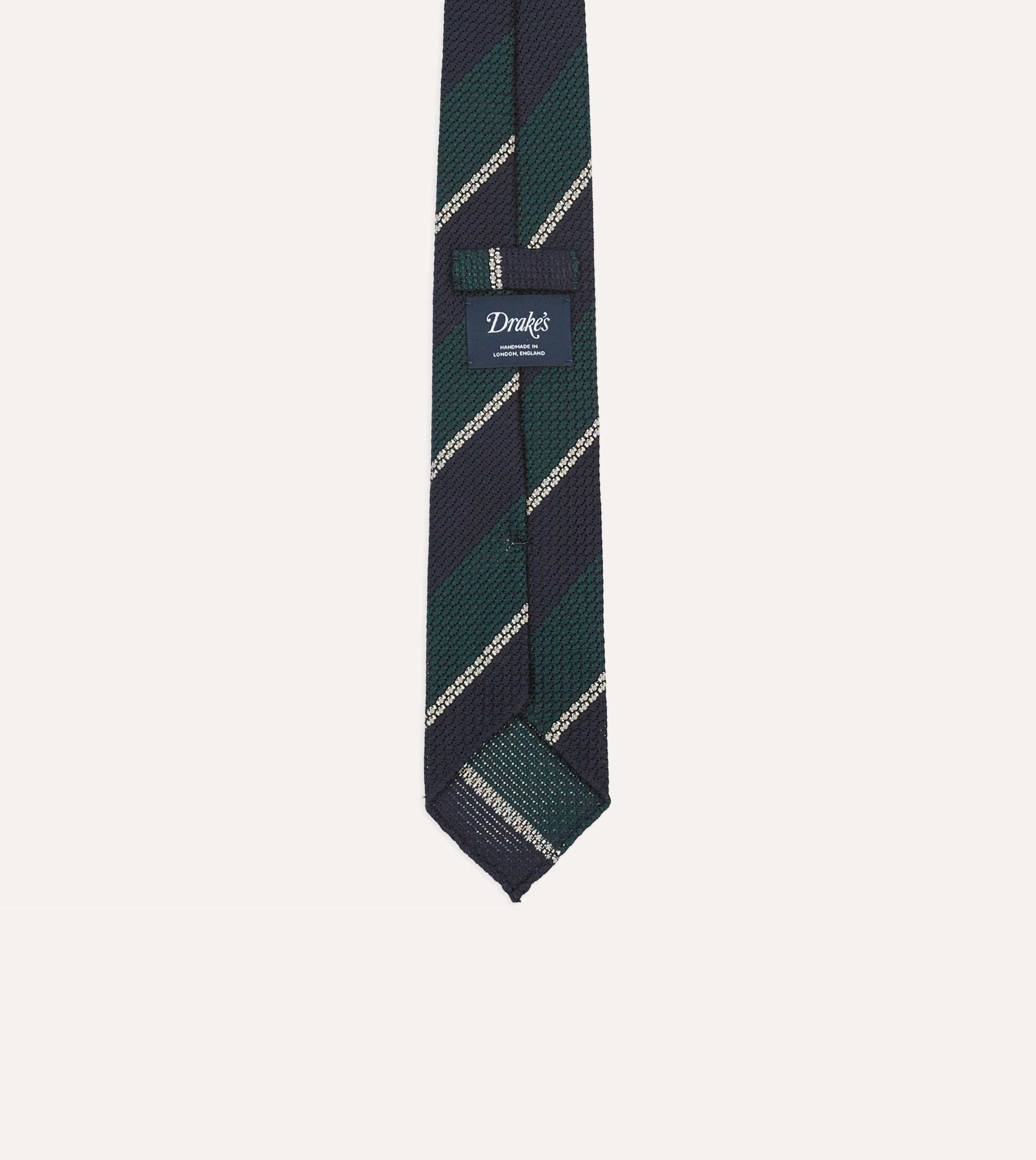 Navy. Green and White Multi Stripe Hand Rolled Silk Grenadine Tie - Image 4