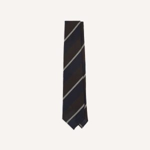 Navy. Brown and White Multi Stripe Hand Rolled Silk Grenadine Tie