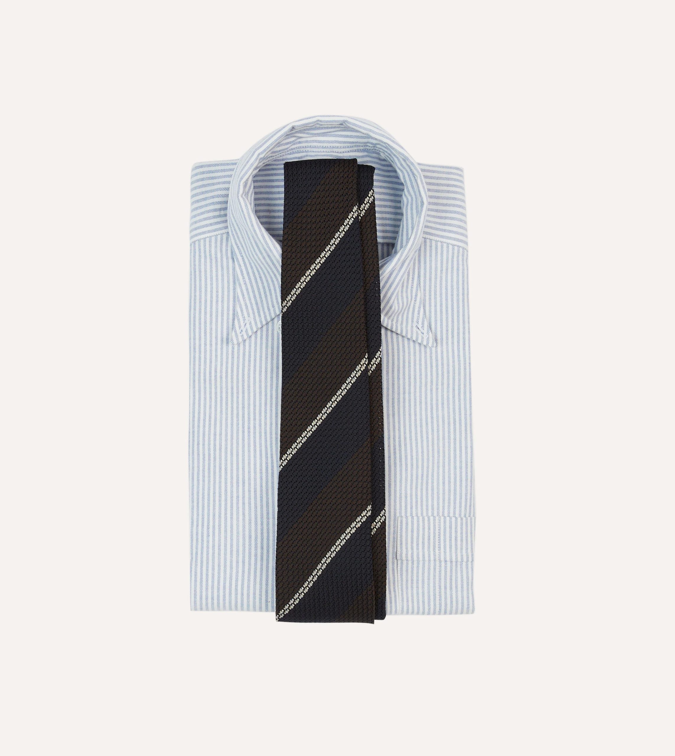 Navy. Brown and White Multi Stripe Hand Rolled Silk Grenadine Tie - Image 2