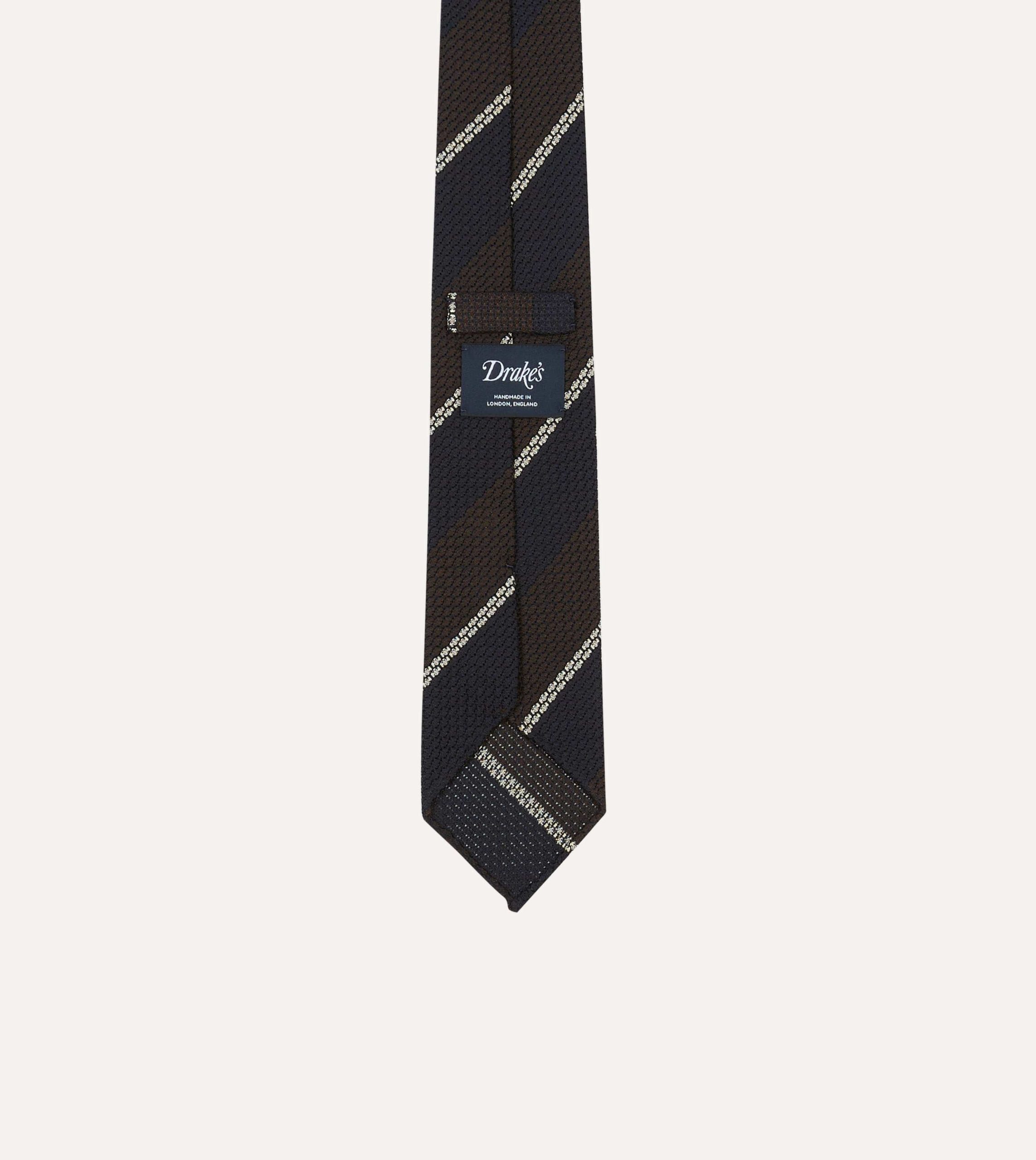 Navy. Brown and White Multi Stripe Hand Rolled Silk Grenadine Tie - Image 4