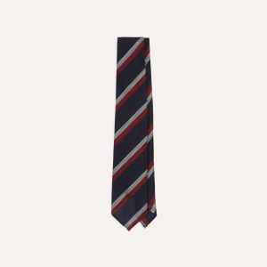 Navy. Red and White Double Stripe Hand Rolled Silk Grenadine Tie
