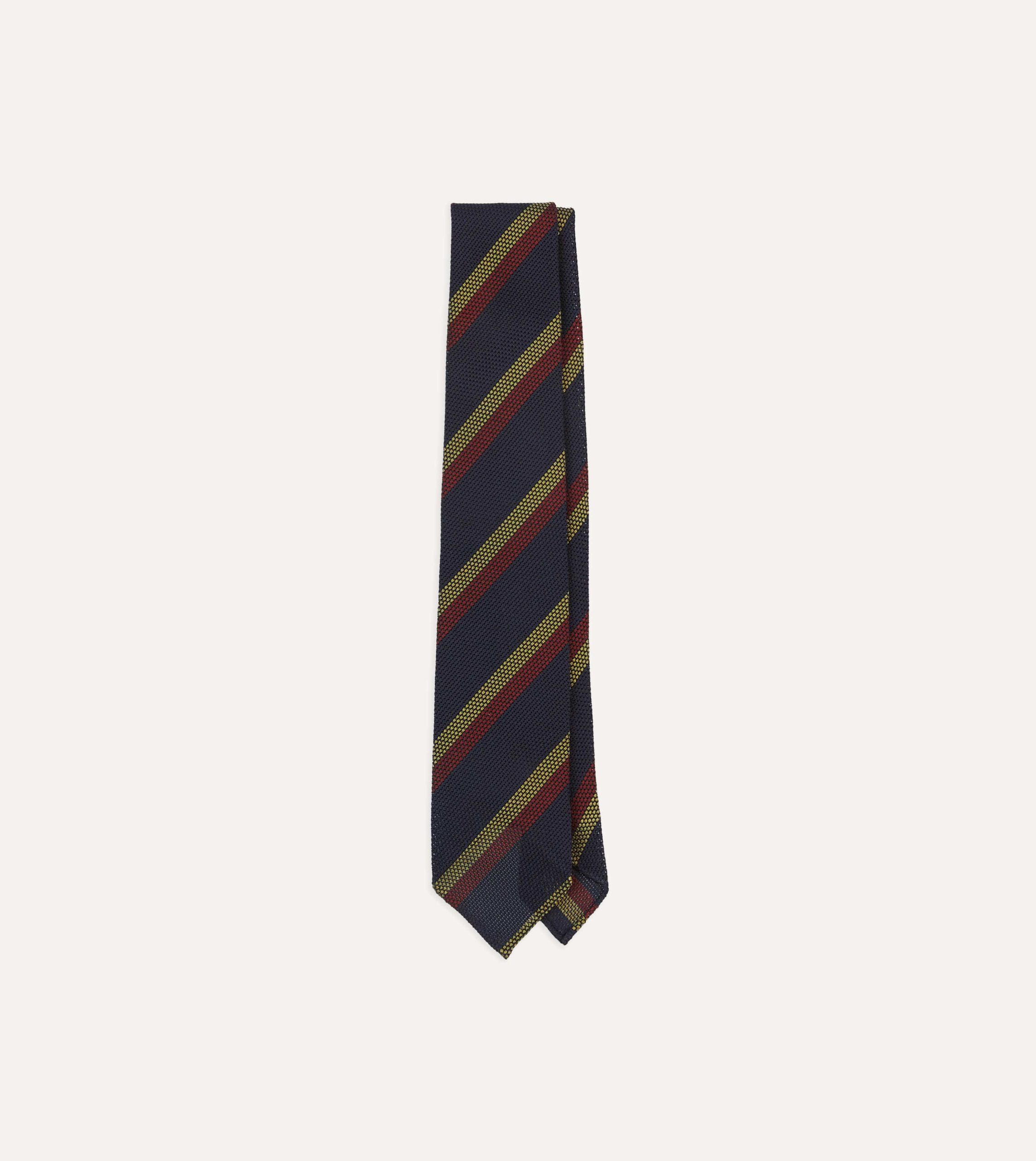 Navy. Red and Gold Double Stripe Hand Rolled Silk Grenadine Tie