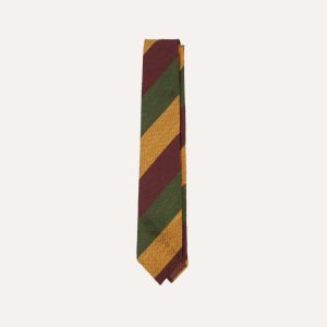 Burgundy. Gold and Olive Block Stripe Shantung Silk Tie