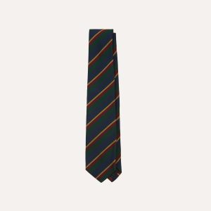 Navy. Green and Yellow Stripe Hand Rolled Silk Grenadine Tie