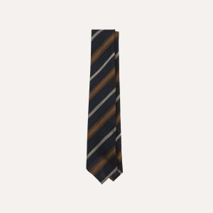 Navy. Gold and Ecru Stripe Hand Rolled Silk Grenadine Tie