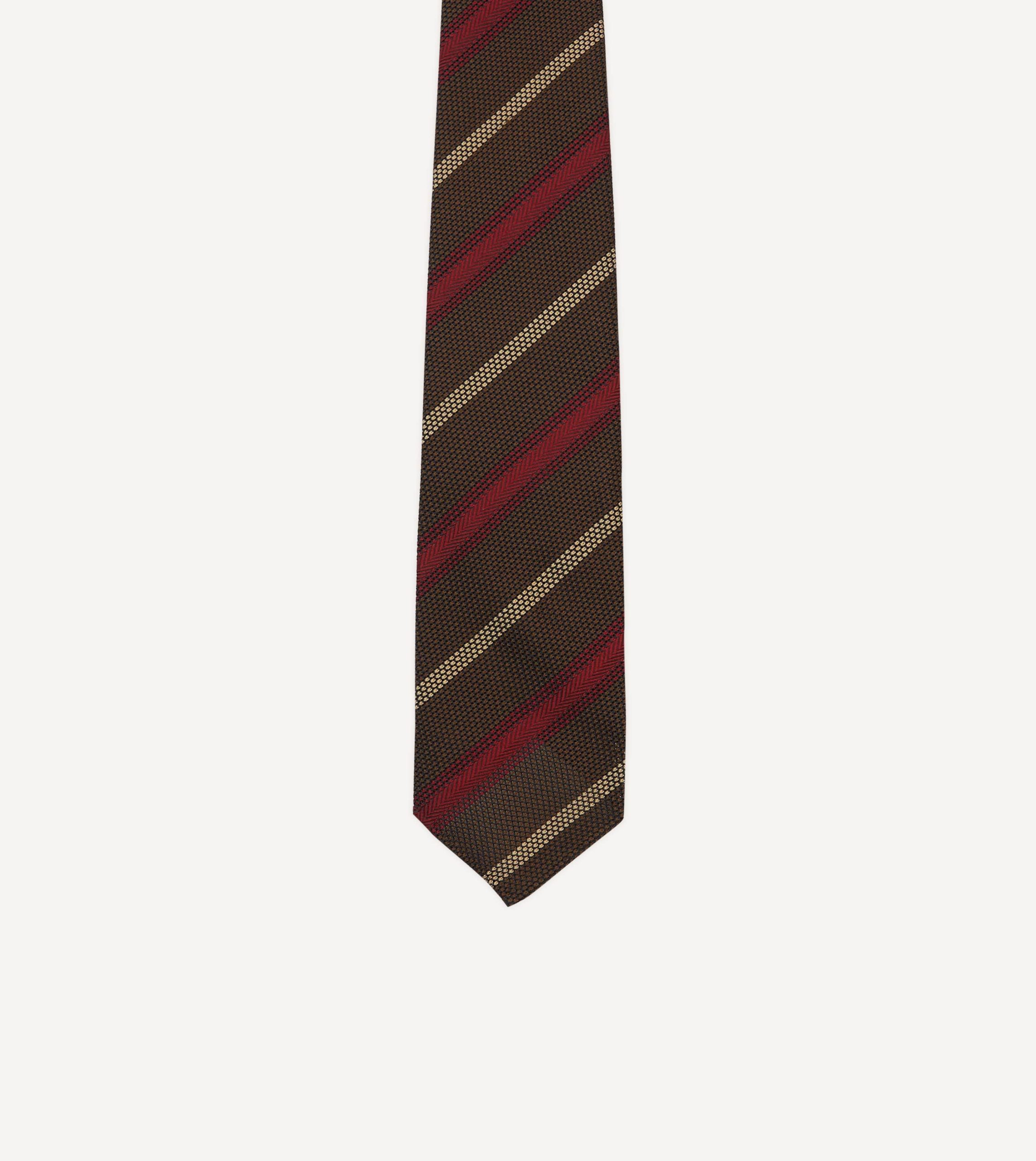 Brown. Red and Ecru Stripe Hand Rolled Silk Grenadine Tie - Image 3