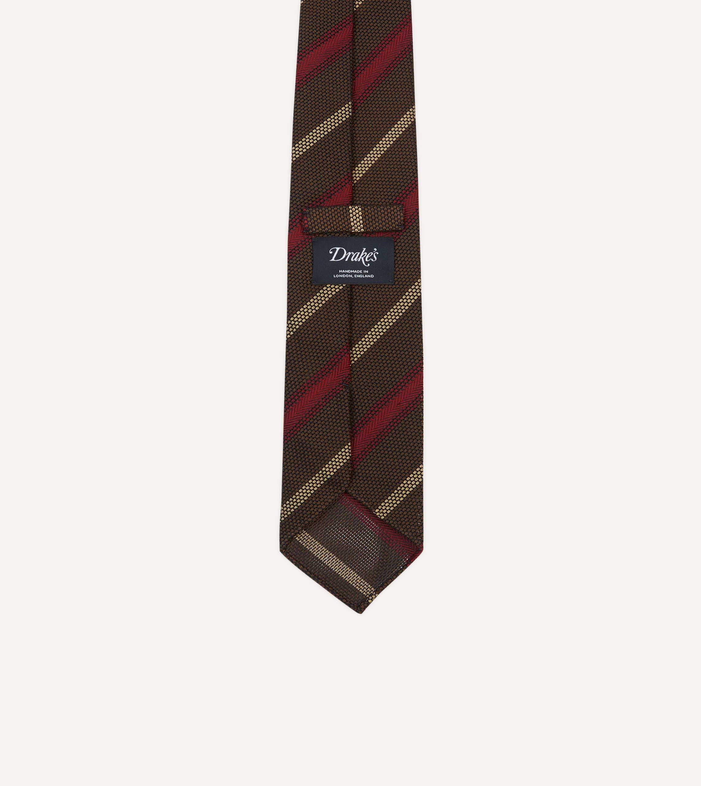 Brown. Red and Ecru Stripe Hand Rolled Silk Grenadine Tie - Image 4