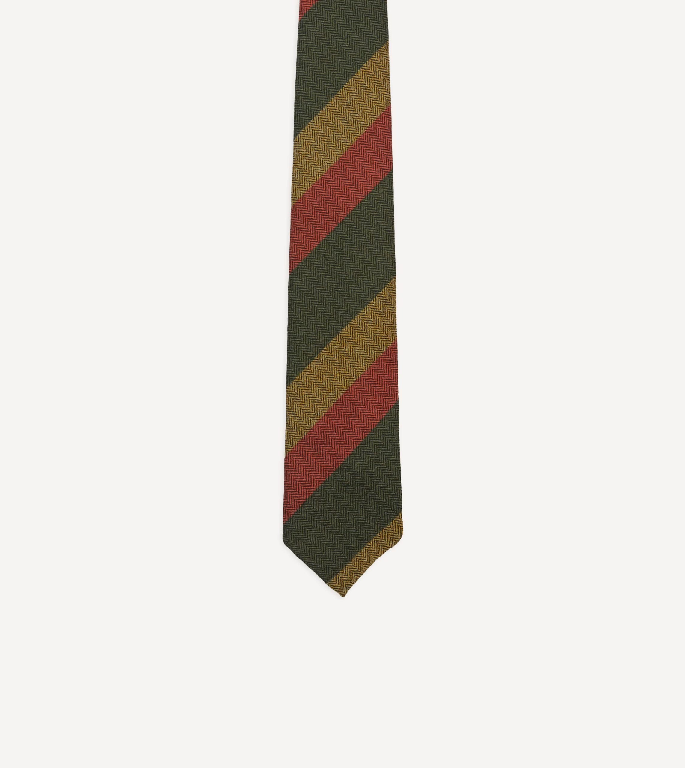 Green. Red and Mustard Block Stripe Hand Rolled Wool Tie - Image 3