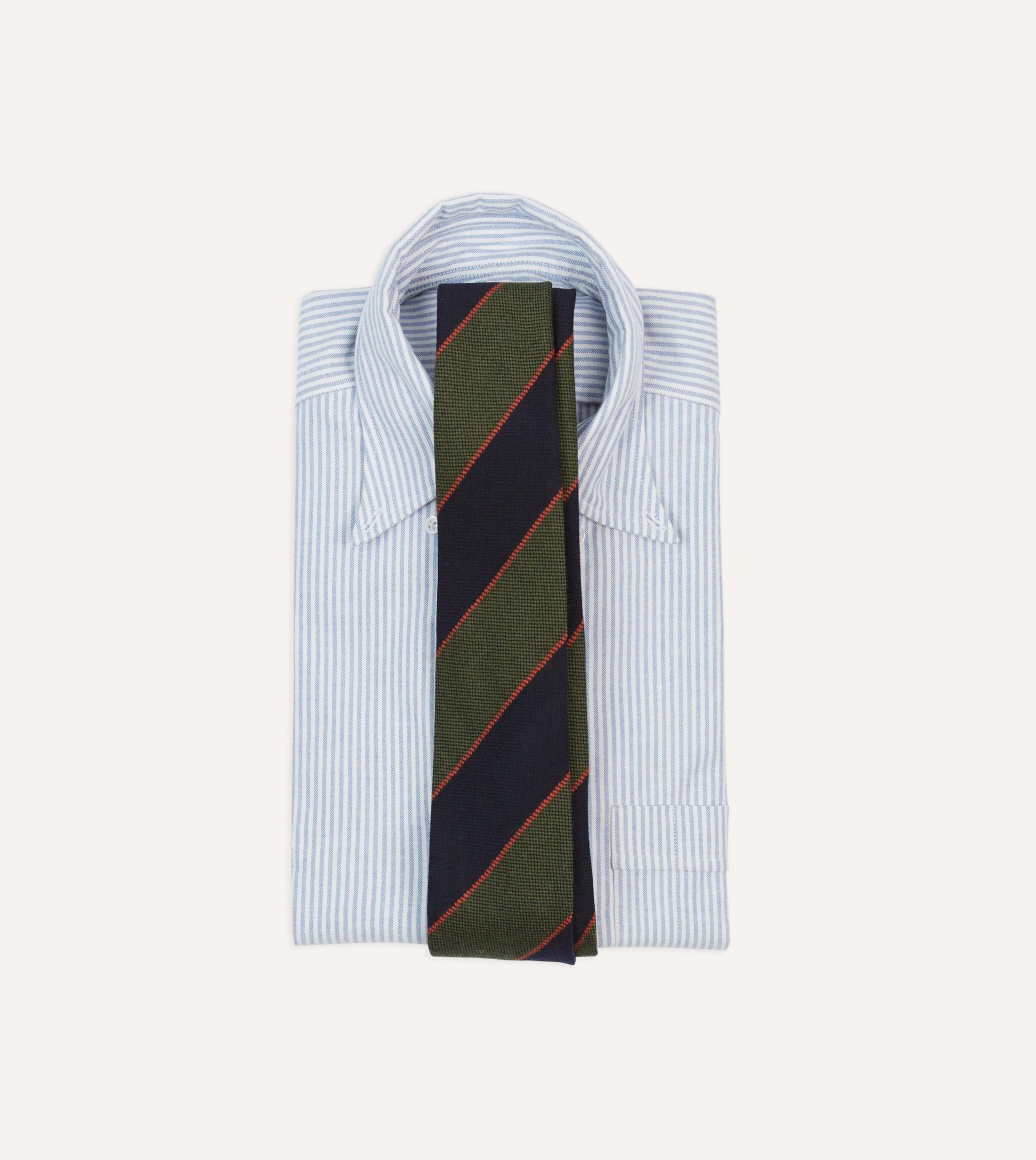 Green. Red and Navy Line Stripe Hand Rolled Wool Tie - Image 2
