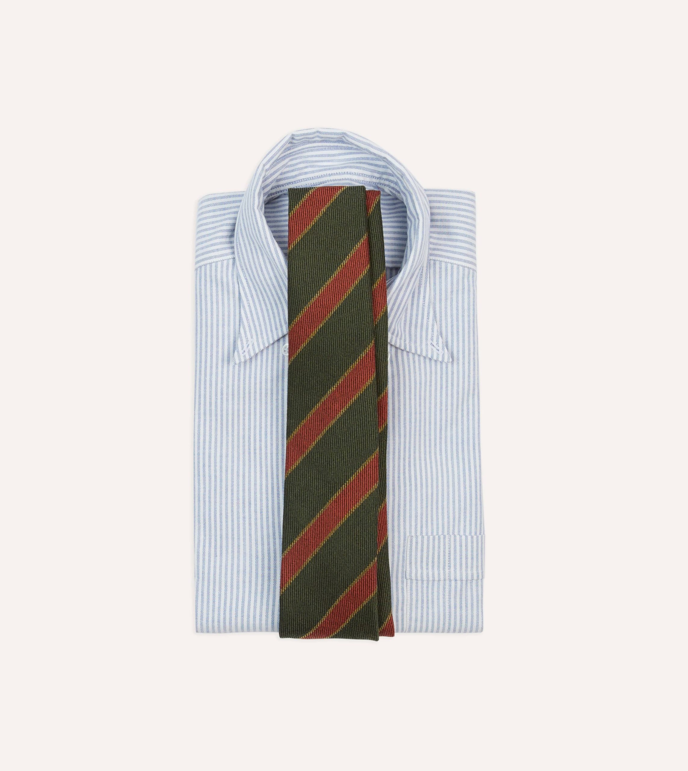 Green. Yellow and Red Thick Stripe Hand Rolled Wool Tie - Image 2