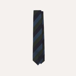 Navy. Green and Blue Block Stripe Hand Rolled Silk Grenadine Tie