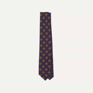 Navy Flower Medallion Print Madder Silk Self Tipped Tie