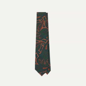 Green and Orange Large Paisley Print Madder Silk Self Tipped Tie
