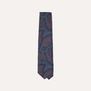 Navy Acanthus Print Silk Self Tipped Tie