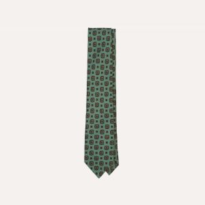 Green Flower Medallion Print Silk Self Tipped Tie