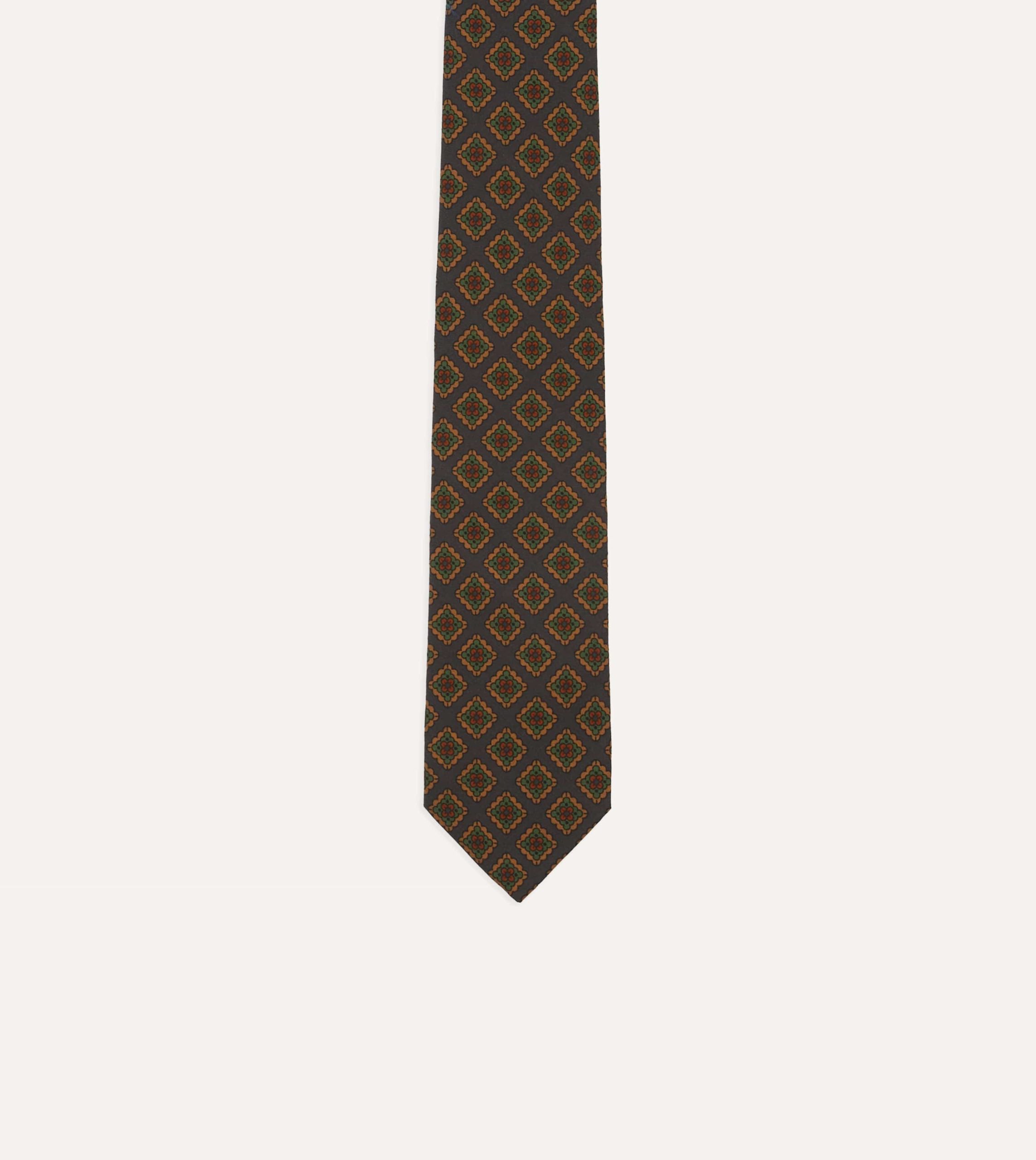 Navy Square Flower Medallion Print Wool-Silk Self Tipped Tie - Image 3