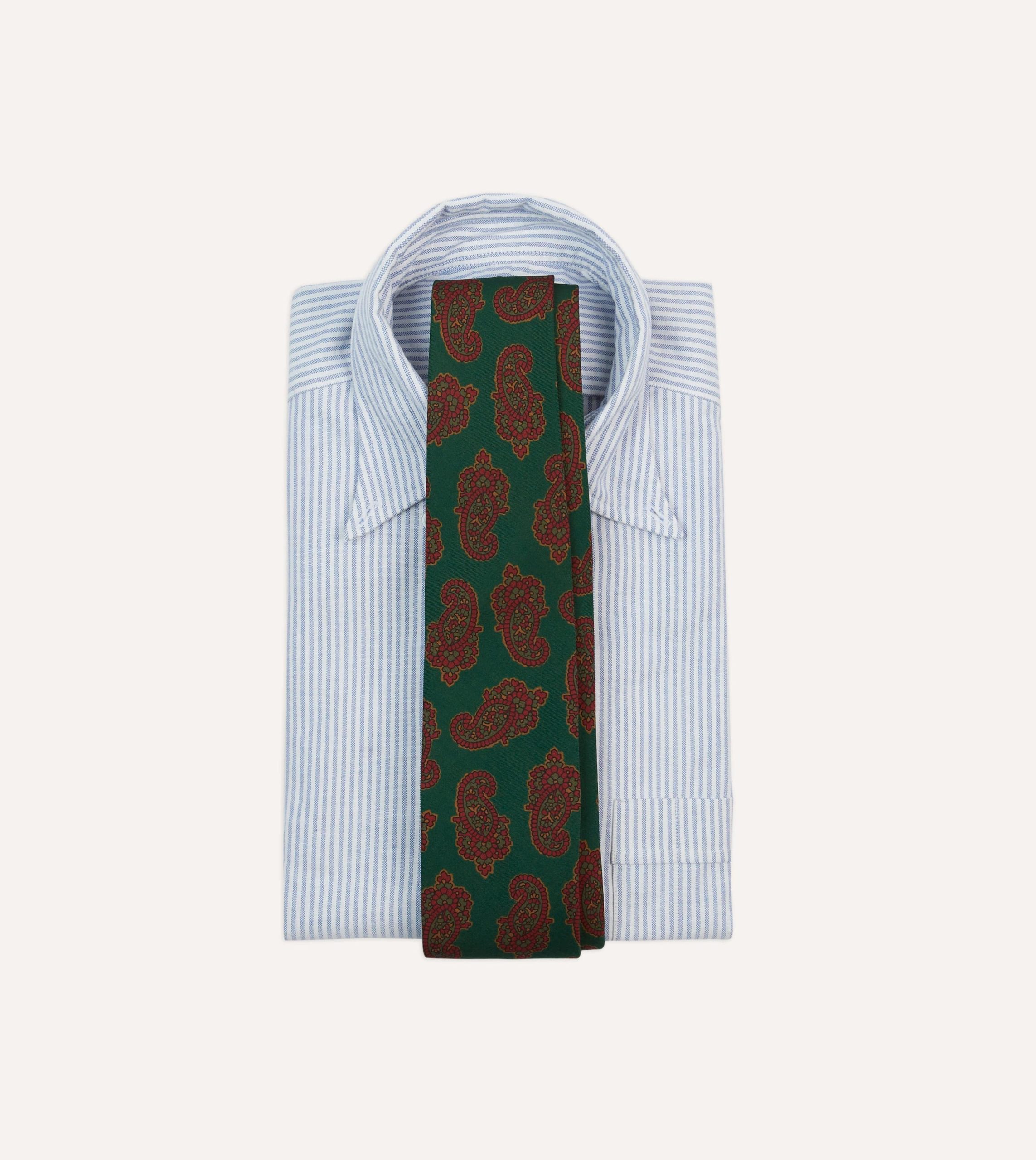 Green Paisley Motif Print Wool-Silk Self Tipped Tie - Image 2