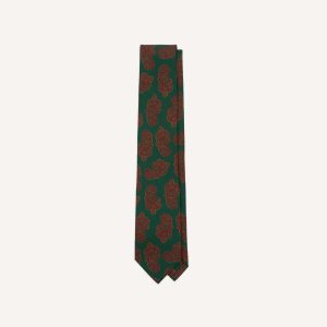 Green Paisley Motif Print Wool-Silk Self Tipped Tie