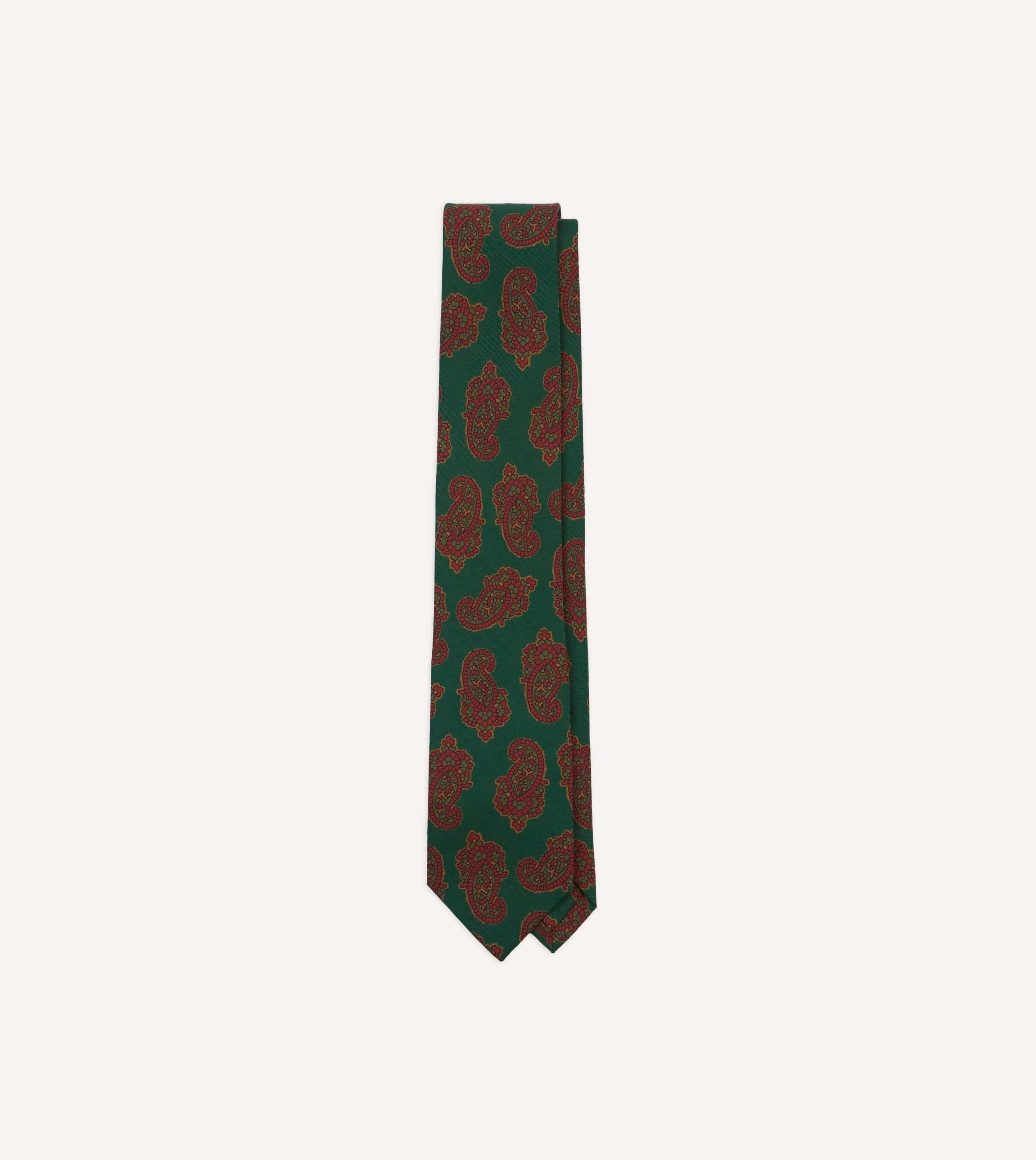 Green Paisley Motif Print Wool-Silk Self Tipped Tie