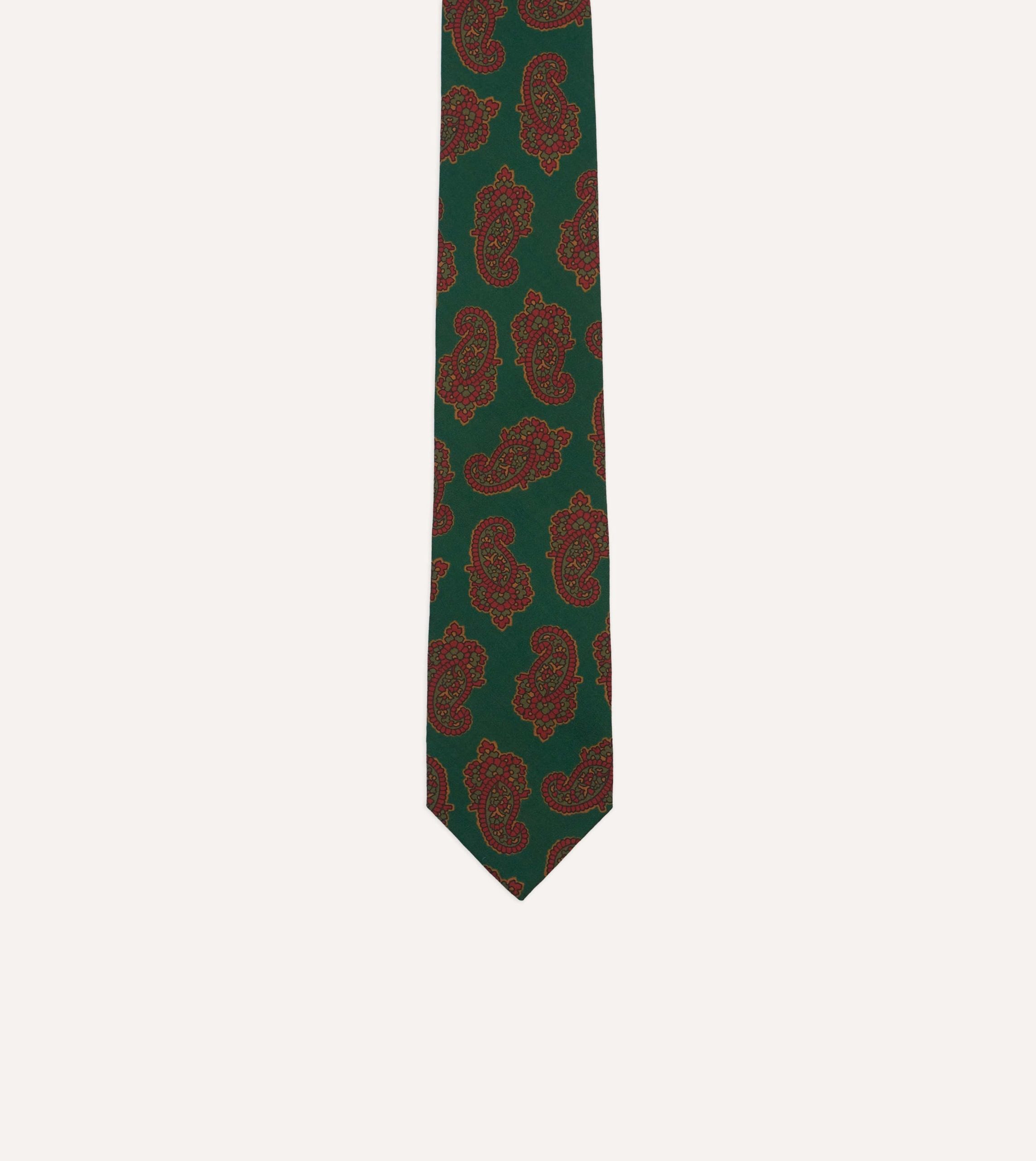 Green Paisley Motif Print Wool-Silk Self Tipped Tie - Image 3
