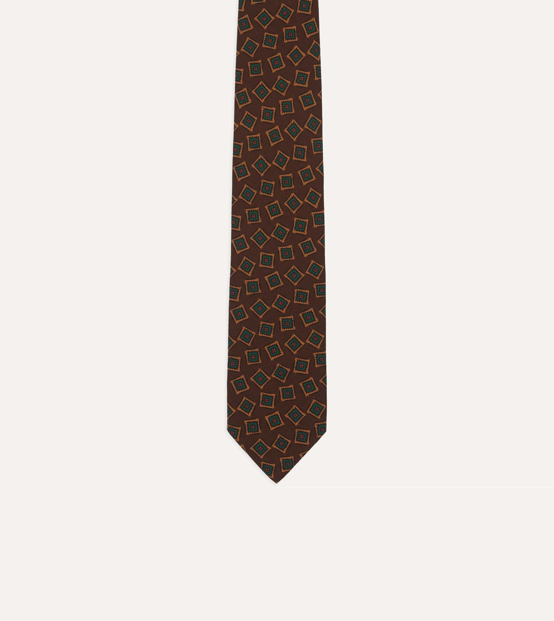 Brown and Green Jumbled Medallion Print Silk Self-Tipped Tie - Image 3