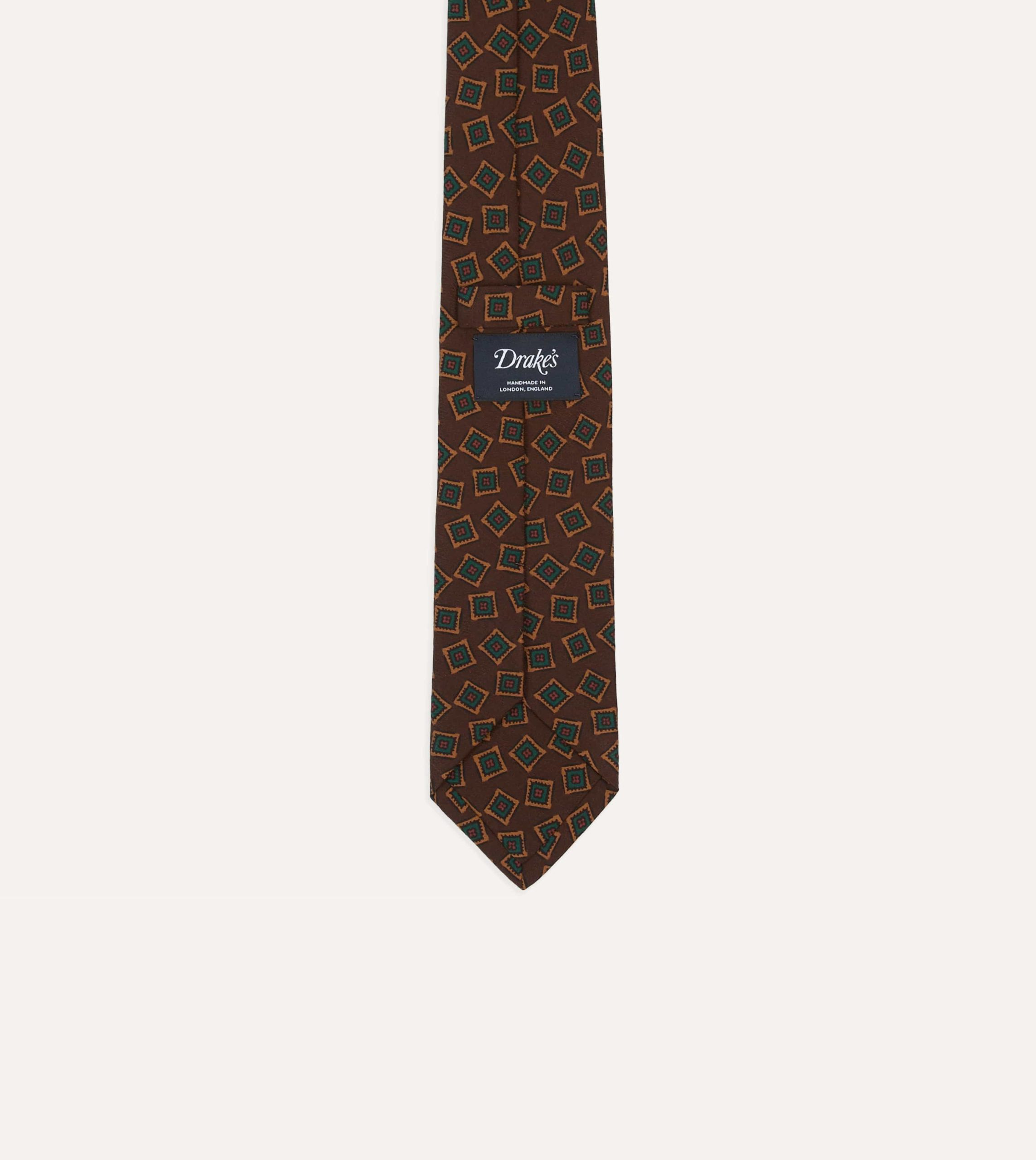 Brown and Green Jumbled Medallion Print Silk Self-Tipped Tie - Image 4
