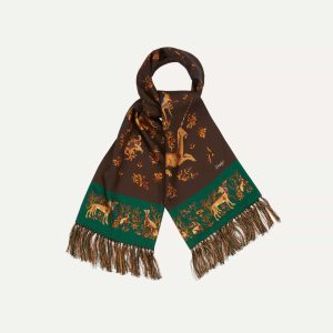 Brown Unicorn Print Tubular Silk Tasselled Scarf