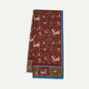 Burgundy Unicorn Print Wool-Silk Scarf