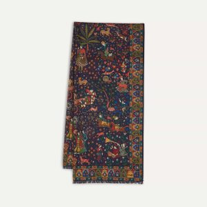 Navy Mughal Hunter Print Wool-Silk Scarf