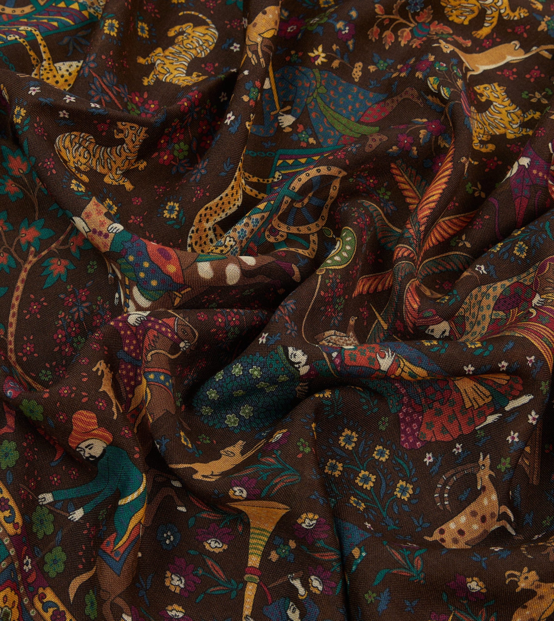 Brown Mughal Hunter Print Wool-Silk Scarf - Image 2