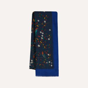 Navy Birds of Paradise Print Wool Scarf