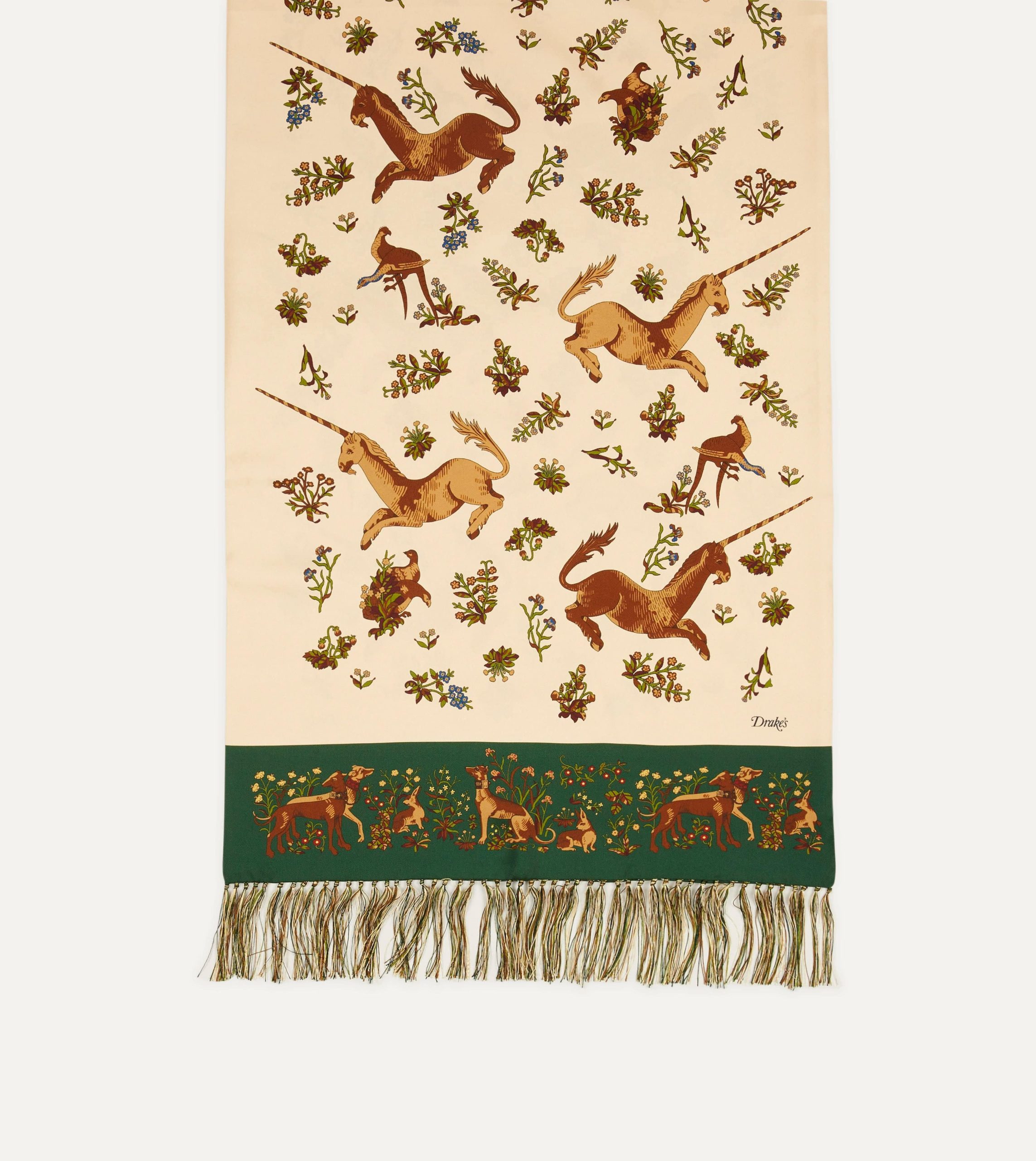 Ecru Unicorn Print Tubular Silk Tasselled Scarf - Image 4