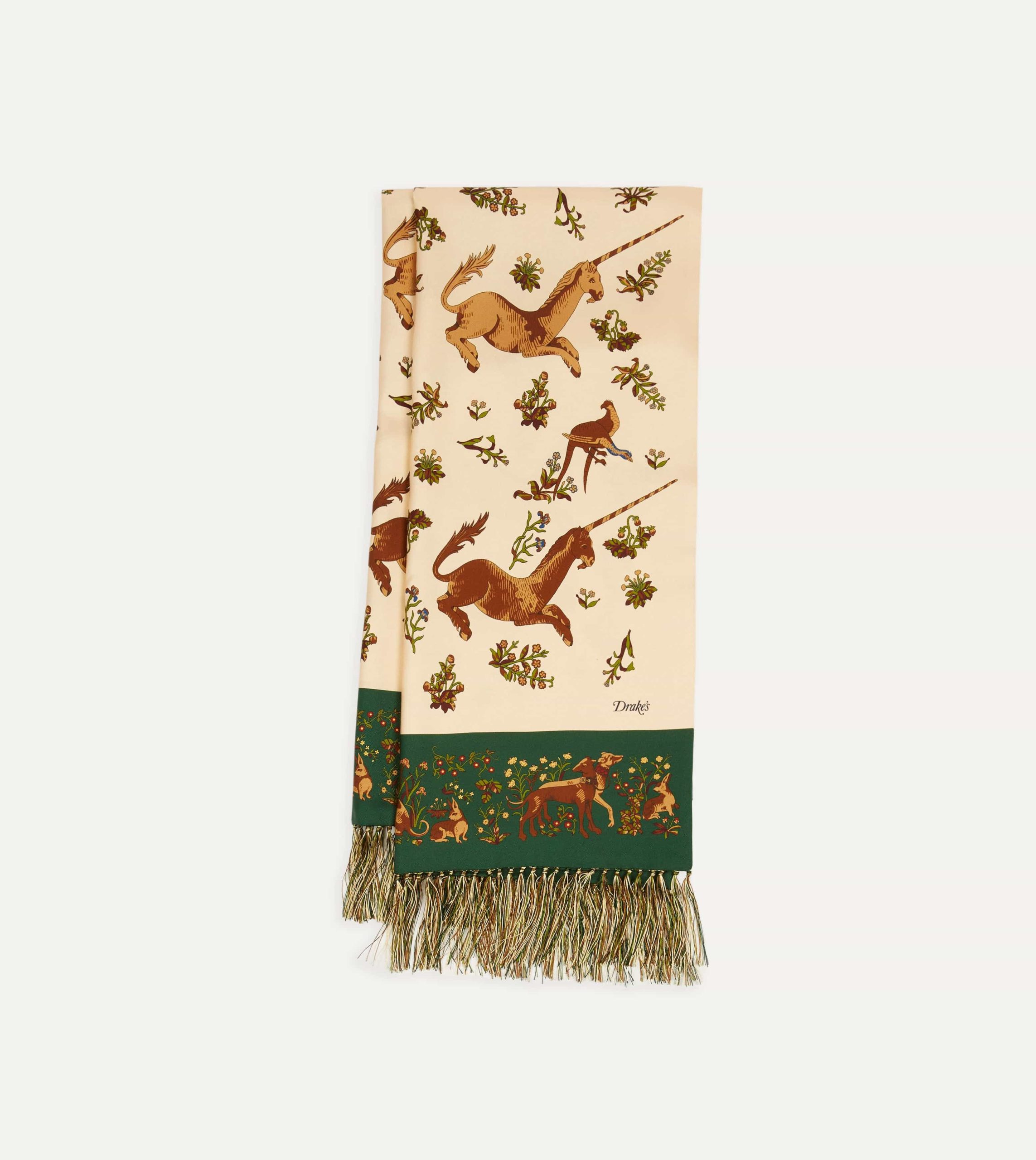 Ecru Unicorn Print Tubular Silk Tasselled Scarf - Image 3
