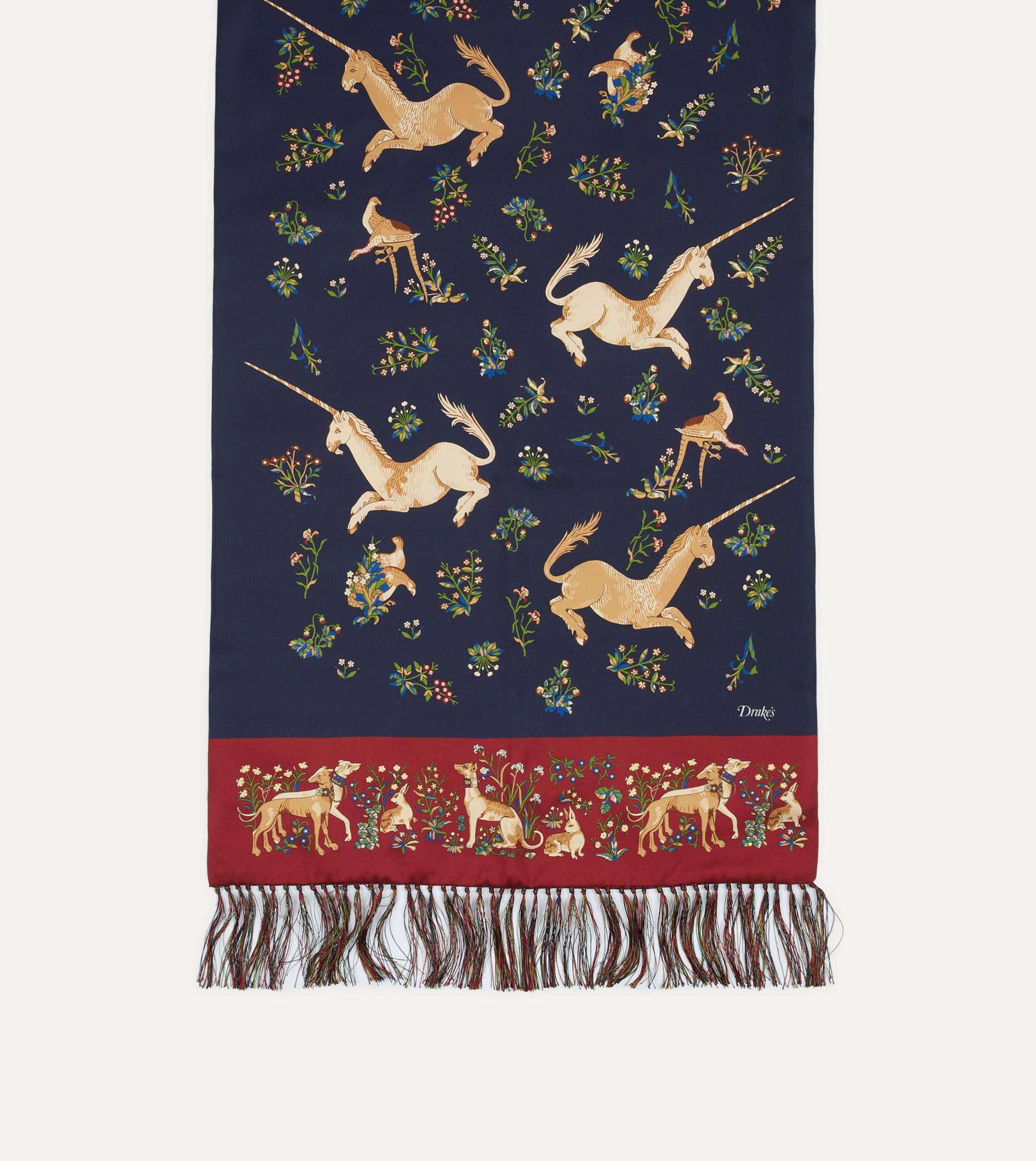 Navy Unicorn Print Tubular Silk Tasselled Scarf - Image 3