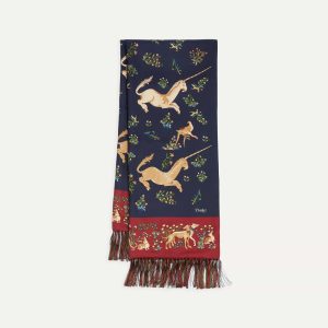 Navy Unicorn Print Tubular Silk Tasselled Scarf