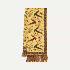 Gold Birds of Paradise Print Tubular Silk Tasselled Scarf