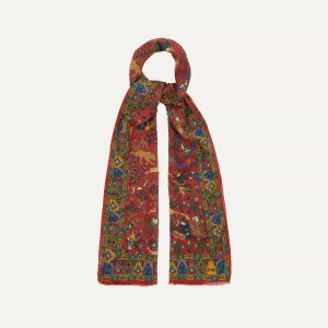 Red Mughal Hunter Print Wool-Silk Scarf