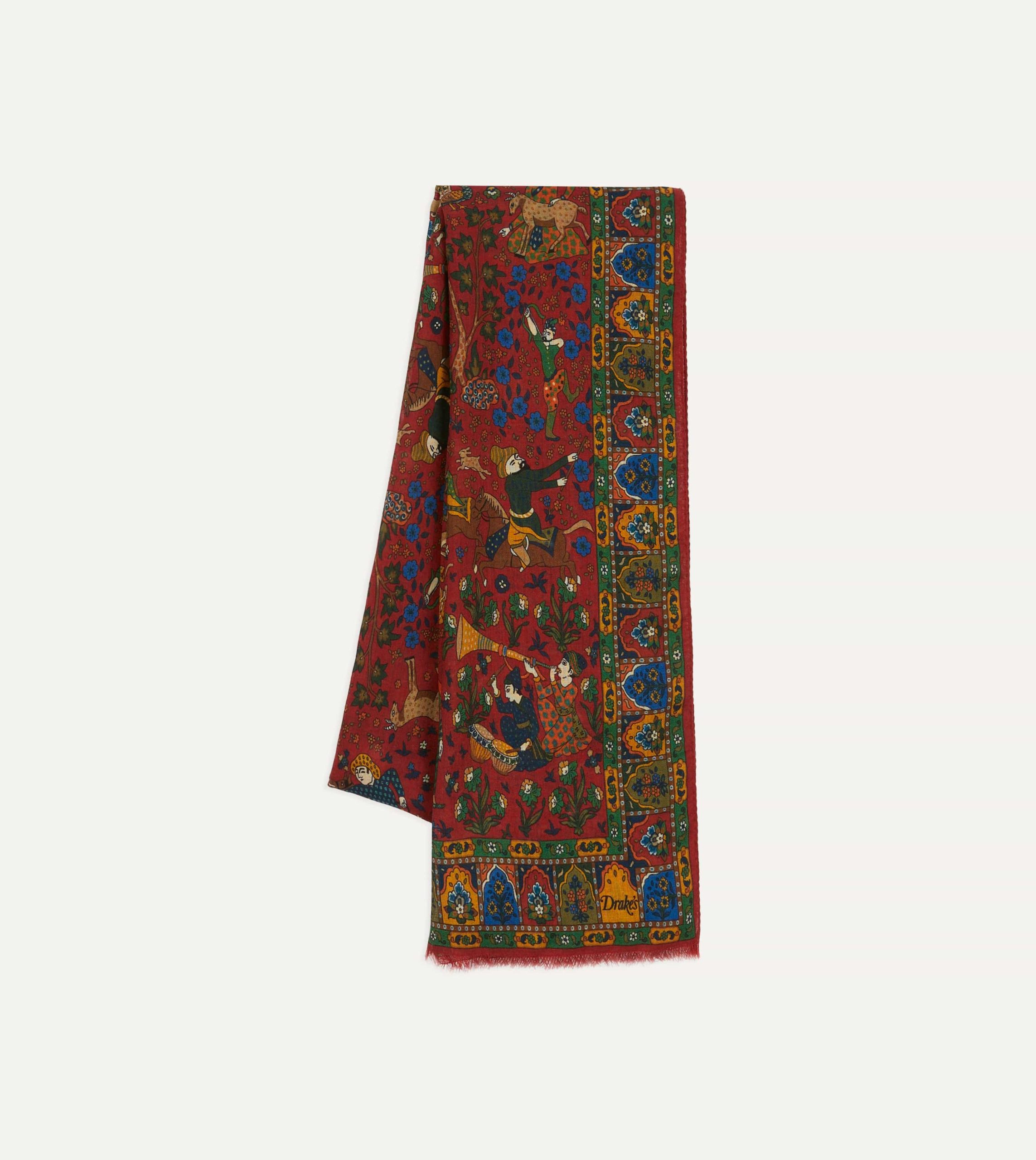 Red Mughal Hunter Print Wool-Silk Scarf - Image 3