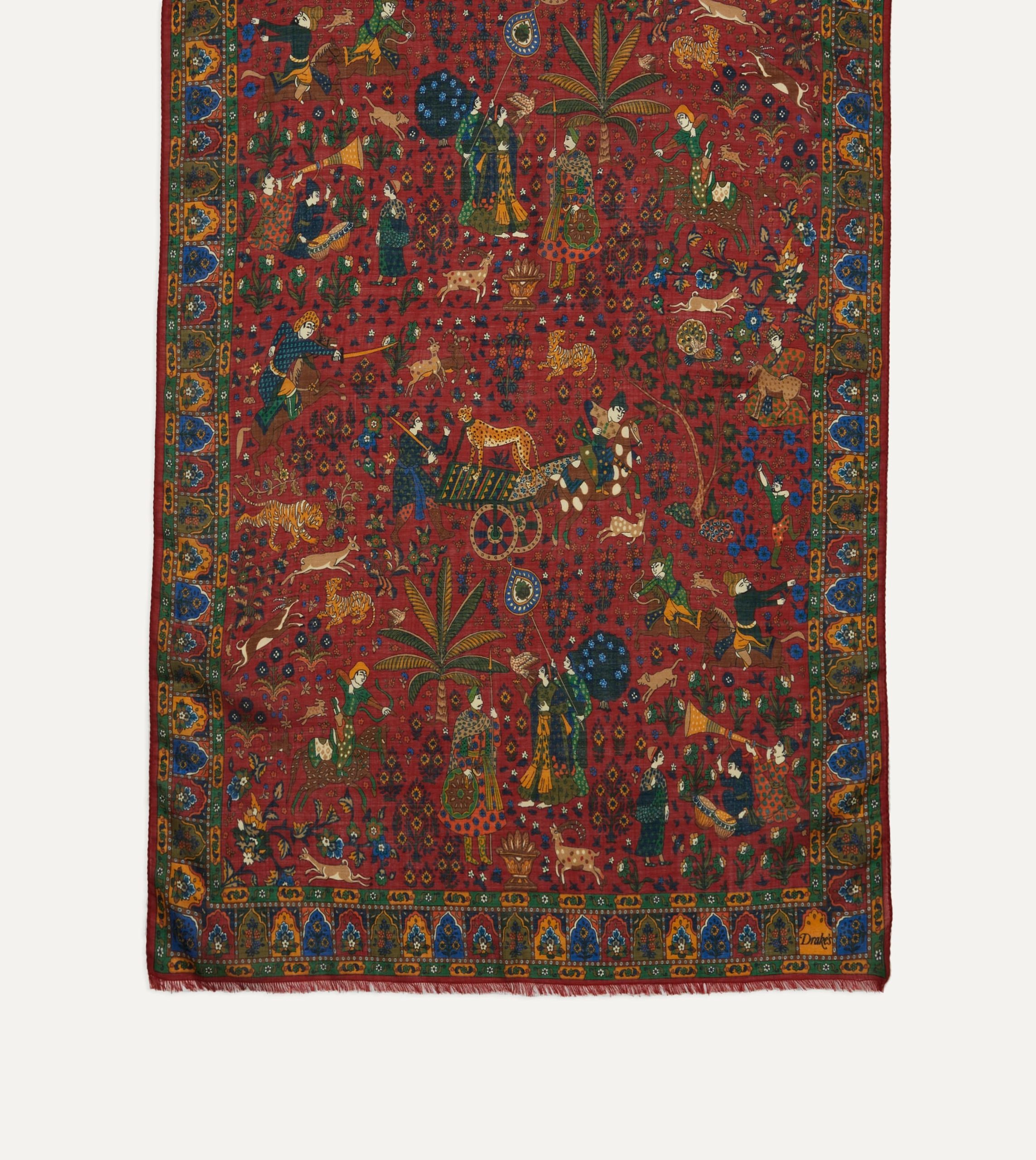 Red Mughal Hunter Print Wool-Silk Scarf - Image 4
